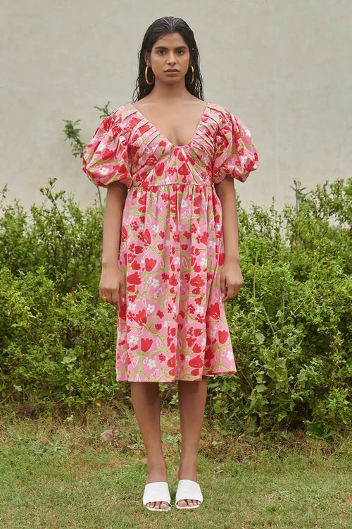 Le Blush Fleur Pleated Midi Dress