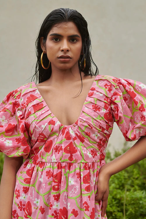 Le Blush Fleur Pleated Midi Dress