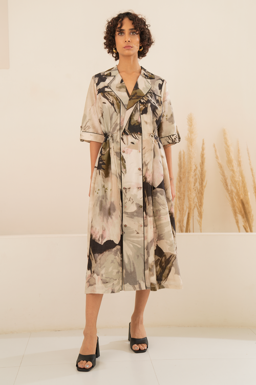 Scattered Petals Chanderi Side Gathered Shirt Dress