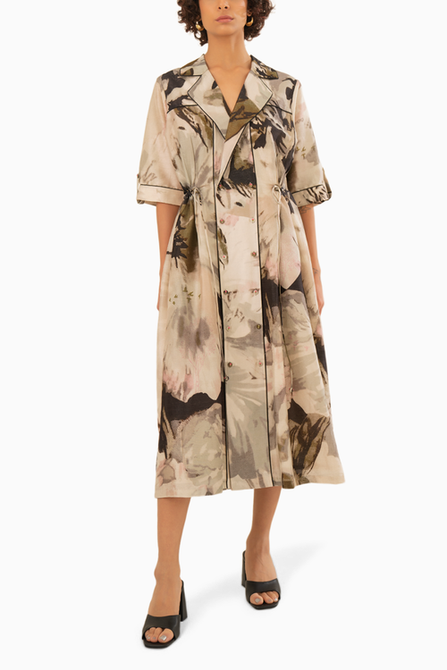 Scattered Petals Chanderi Side Gathered Shirt Dress