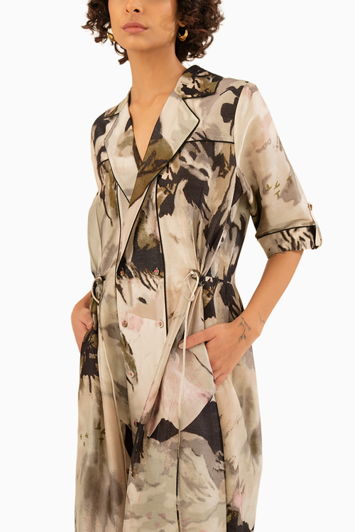 Scattered Petals Chanderi Side Gathered Shirt Dress