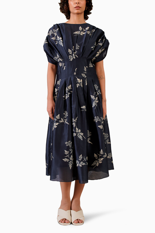 Indigo Discharge Print Box Pleated Dress