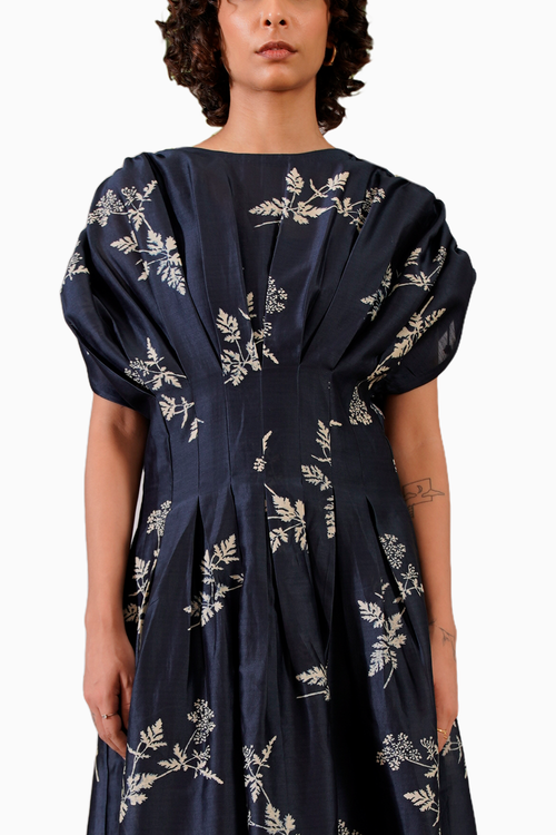 Indigo Discharge Print Box Pleated Dress