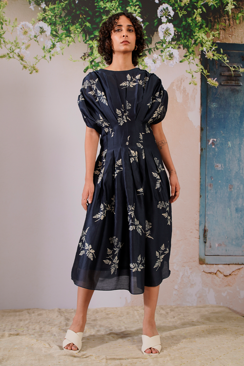 Indigo Discharge Print Box Pleated Dress