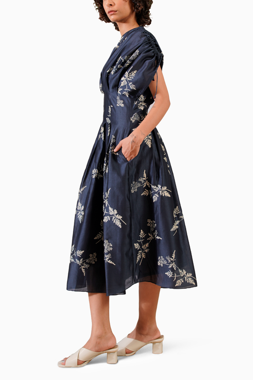 Indigo Discharge Print Box Pleated Dress