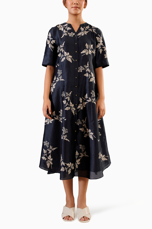Indigo Discharge Print Shirt Dress