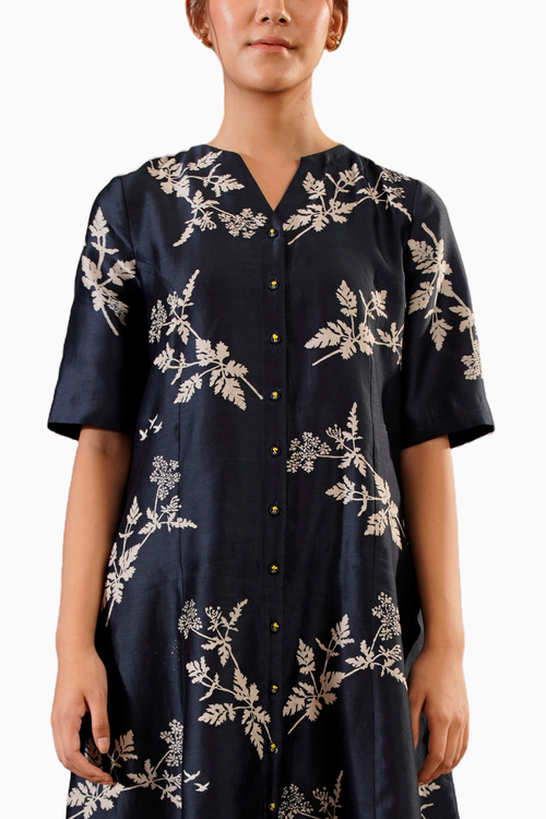 Indigo Discharge Print Shirt Dress