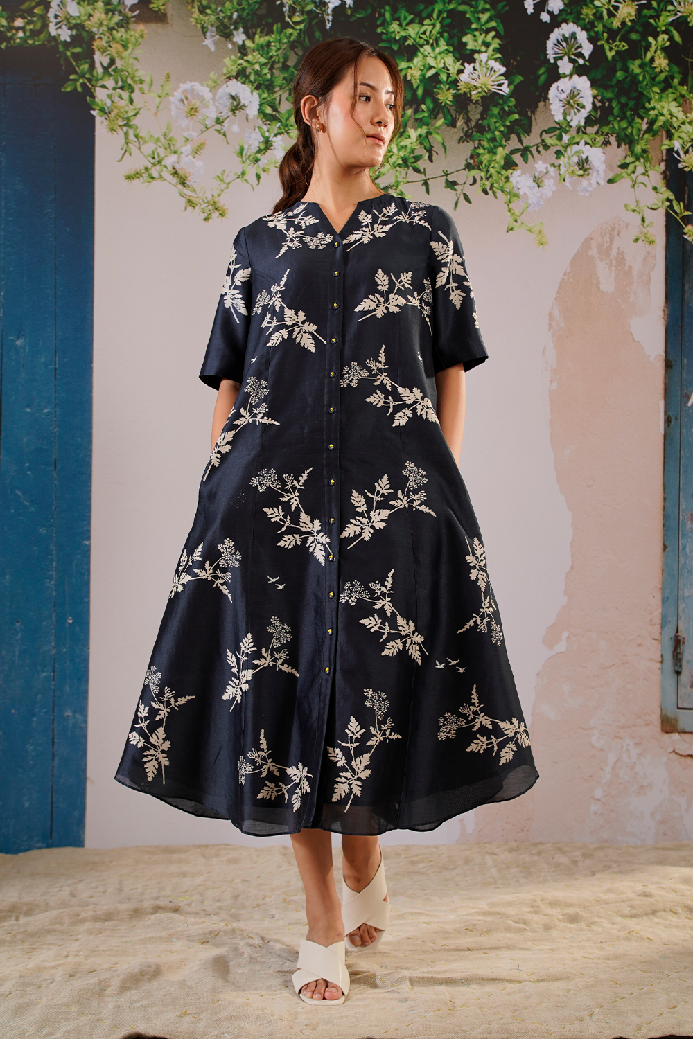 Indigo Discharge Print Shirt Dress