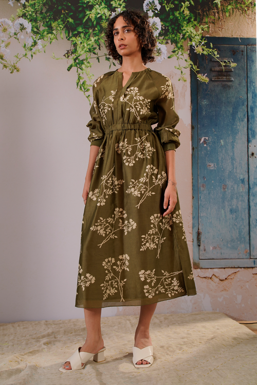 Olive Discharge Print Dress With Elasticated Waist