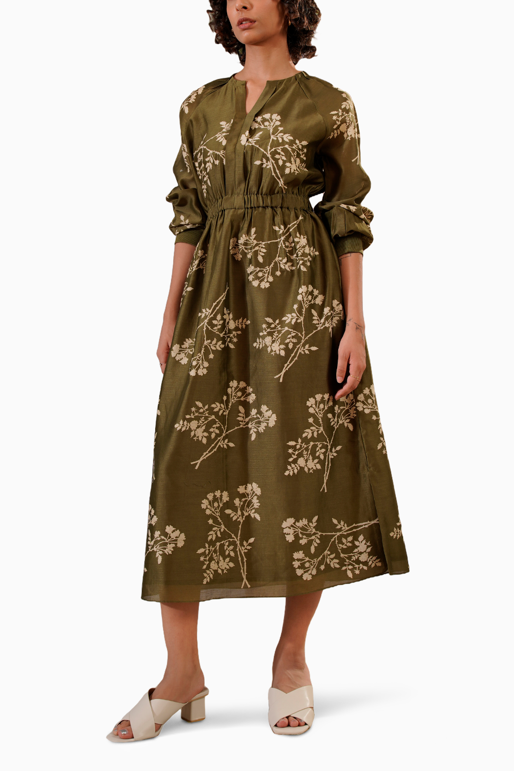 Olive Discharge Print Dress With Elasticated Waist