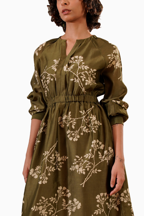 Olive Discharge Print Dress With Elasticated Waist
