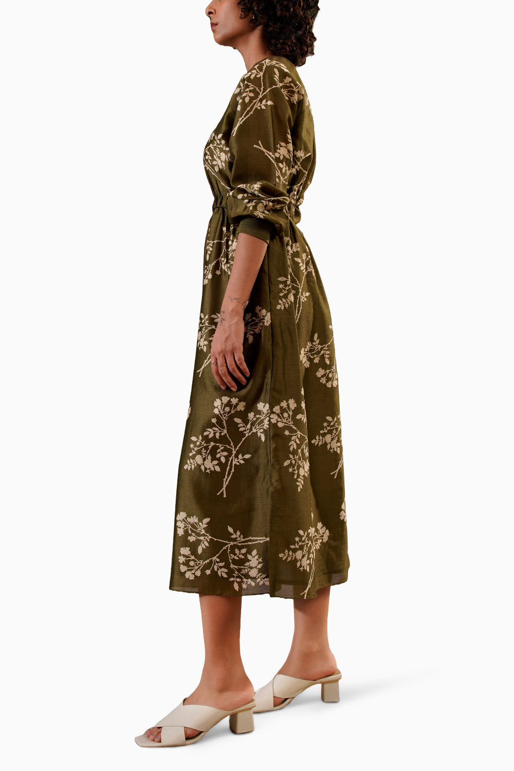 Olive Discharge Print Dress With Elasticated Waist