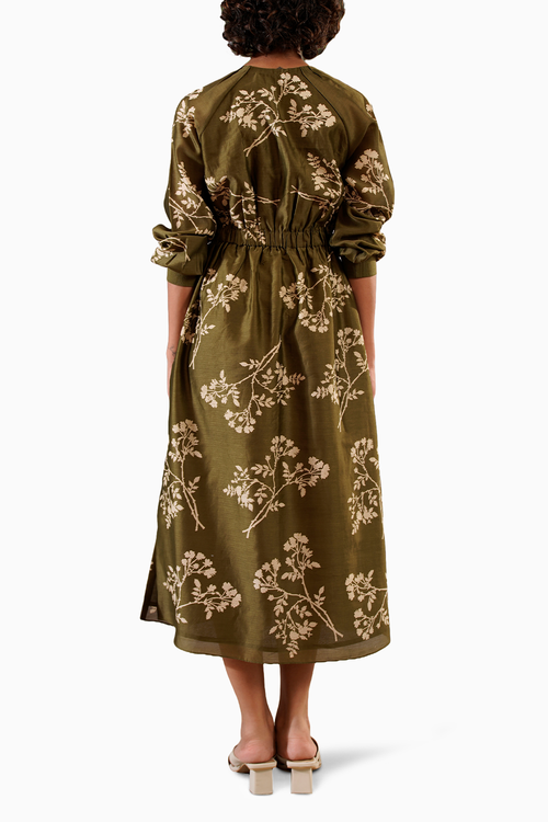 Olive Discharge Print Dress With Elasticated Waist