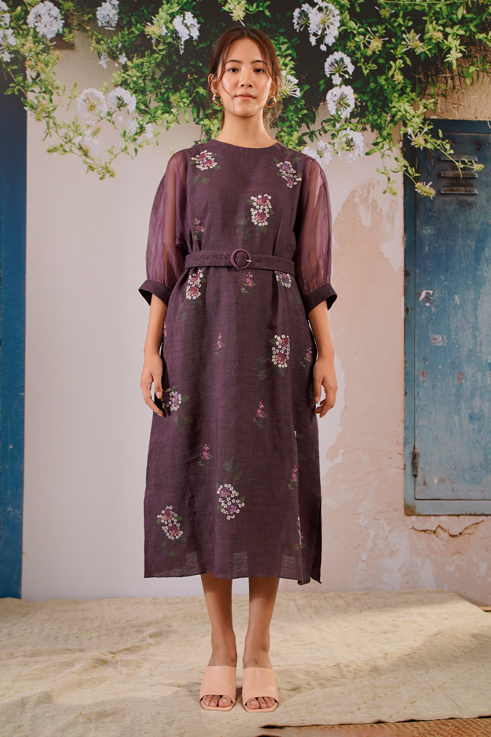 Lavender Dahlia Block Print Puff Sleeves Dress