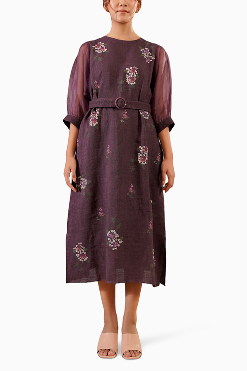 Lavender Dahlia Block Print Puff Sleeves Dress