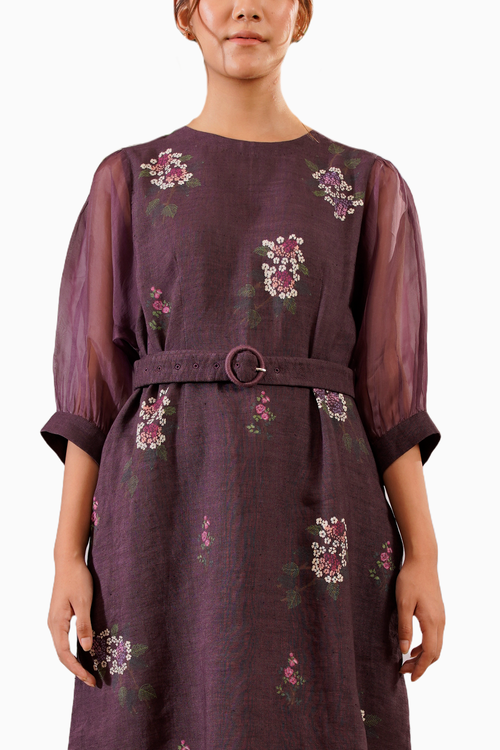 Lavender Dahlia Block Print Puff Sleeves Dress