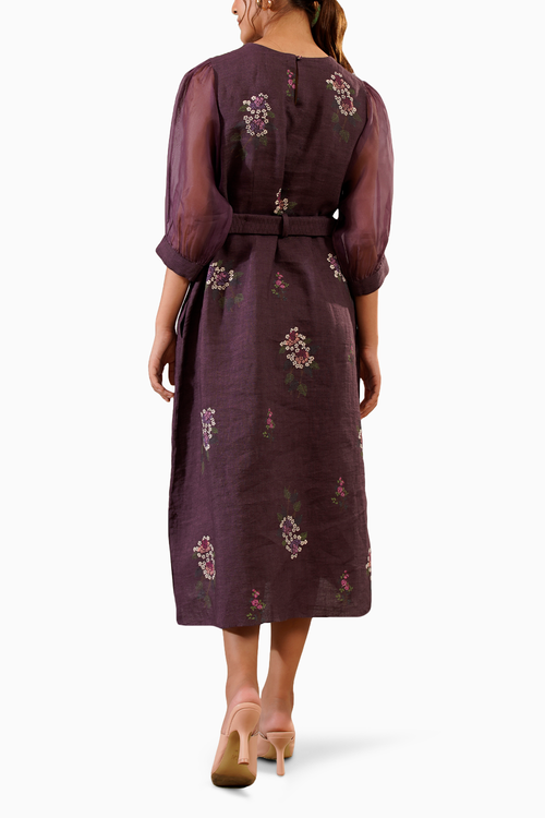 Lavender Dahlia Block Print Puff Sleeves Dress