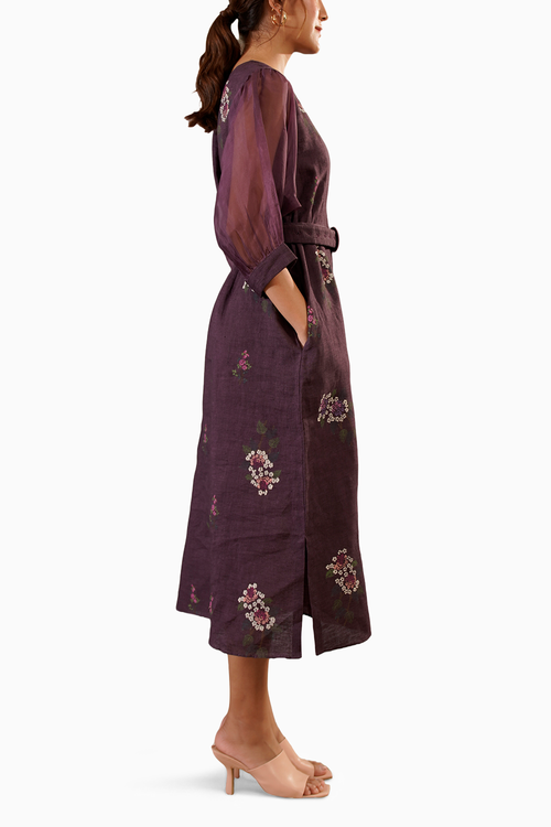 Lavender Dahlia Block Print Puff Sleeves Dress