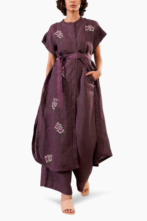Lavender Dahlia Block Print Long Shirt Top and Flare Pant