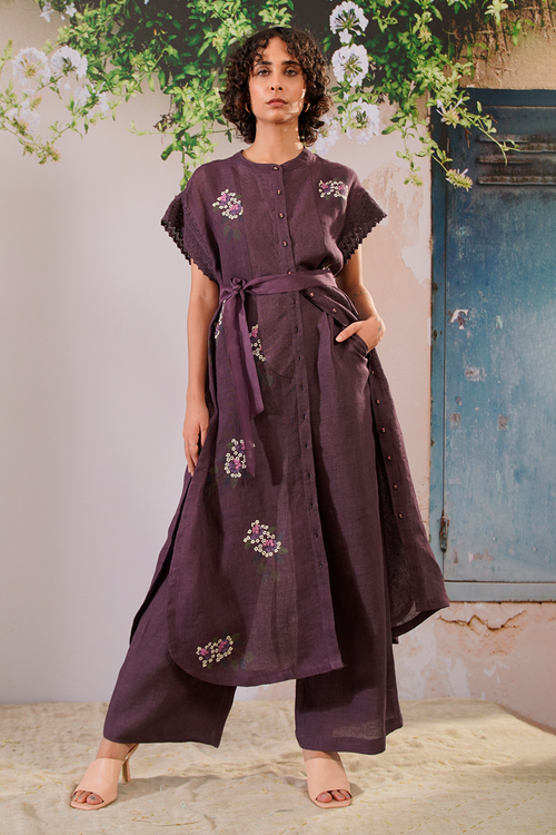 Lavender Dahlia Block Print Long Shirt Top and Flare Pant