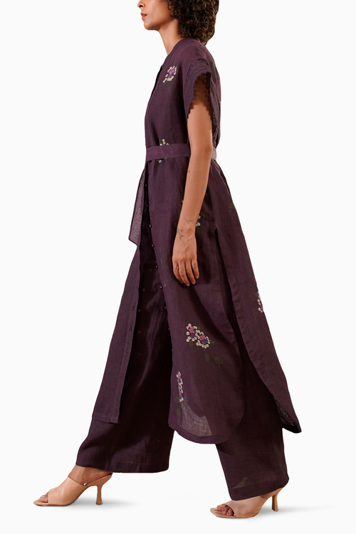 Lavender Dahlia Block Print Long Shirt Top and Flare Pant