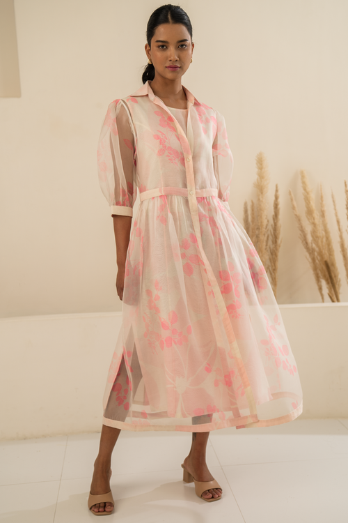 Pink Organza Petal Printed Double Layer Dress