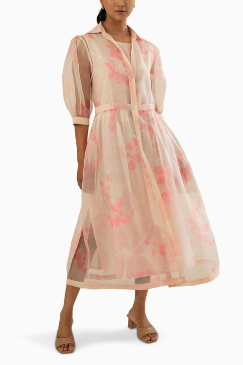 Pink Organza Petal Printed Double Layer Dress