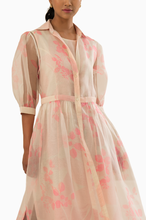 Pink Organza Petal Printed Double Layer Dress