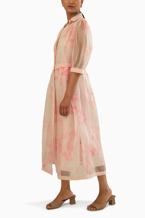 Pink Organza Petal Printed Double Layer Dress