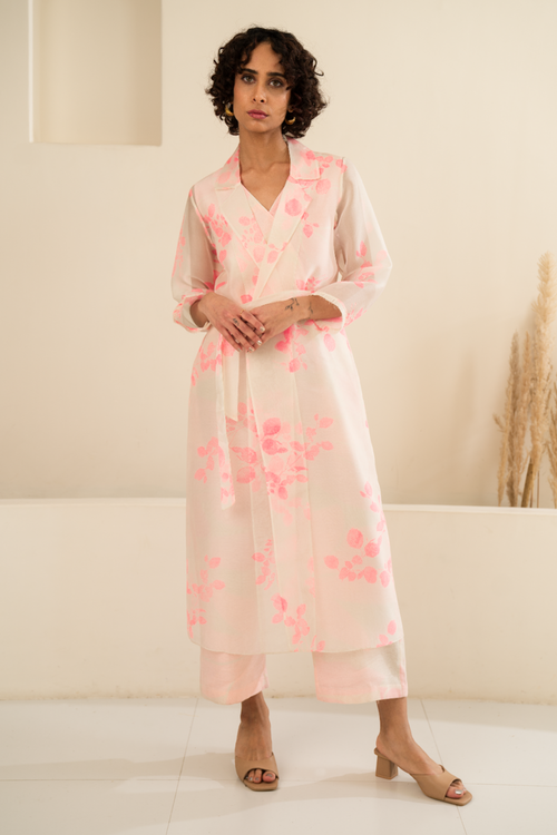 Pink Organza Petal Printed Jacket and Jumpsuit