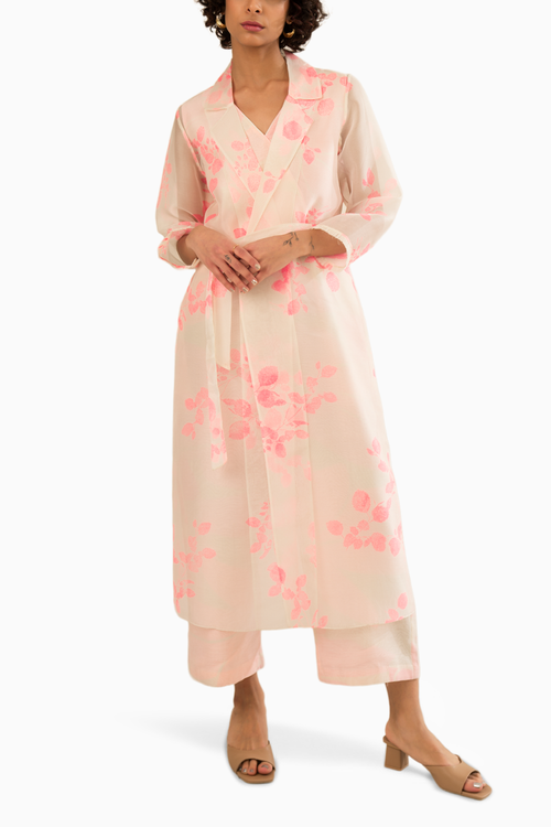 Pink Organza Petal Printed Jacket and Jumpsuit