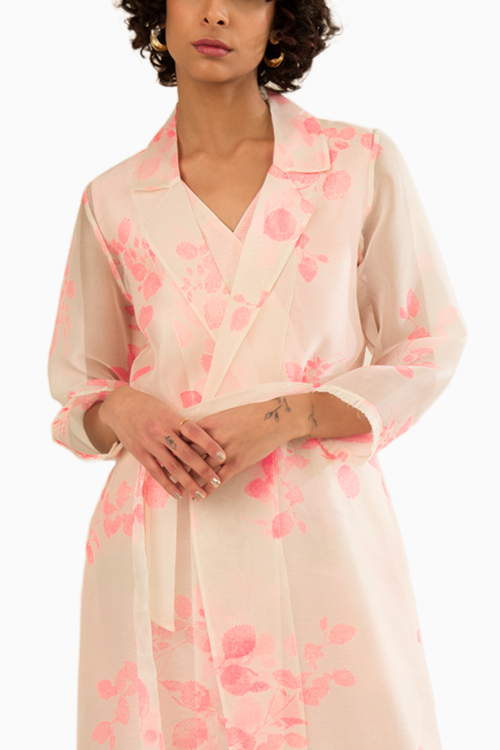 Pink Organza Petal Printed Jacket and Jumpsuit