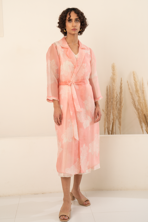 Pink Organza Printed Jacket with Jumpsuit