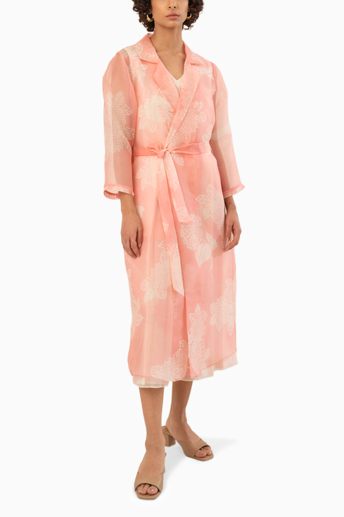 Pink Organza Printed Jacket with Jumpsuit