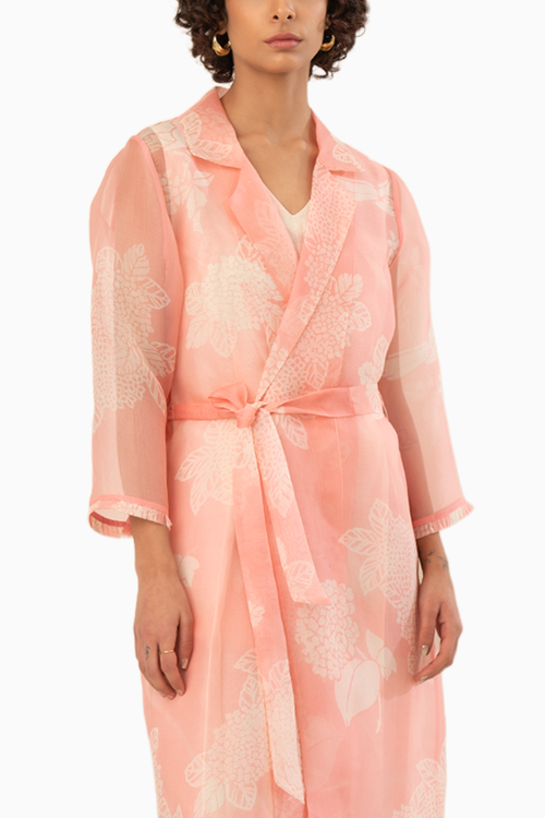 Pink Organza Printed Jacket with Jumpsuit