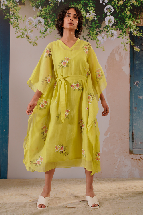 Lemon Dahlia Block Print Long Kaftan