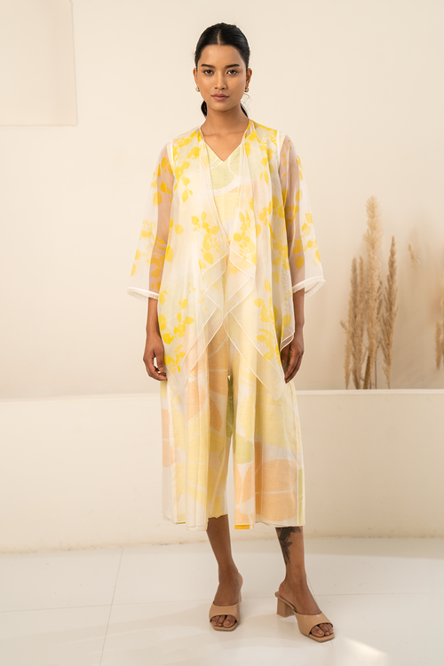 Yellow Organza Petal Printed Jacket and Jumpsuit