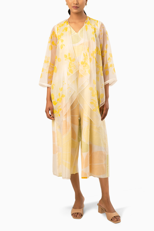 Yellow Organza Petal Printed Jacket and Jumpsuit