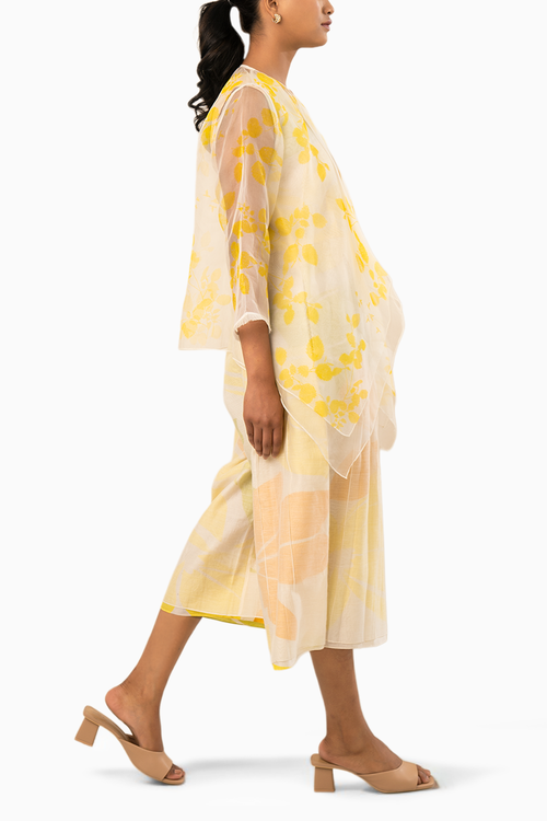 Yellow Organza Petal Printed Jacket and Jumpsuit