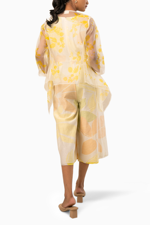 Yellow Organza Petal Printed Jacket and Jumpsuit