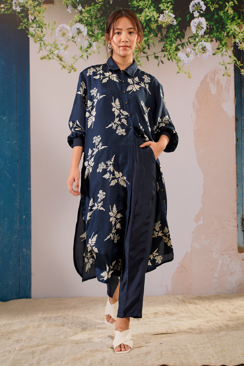 Indigo Discharge Print Long Shirt Top and Pant