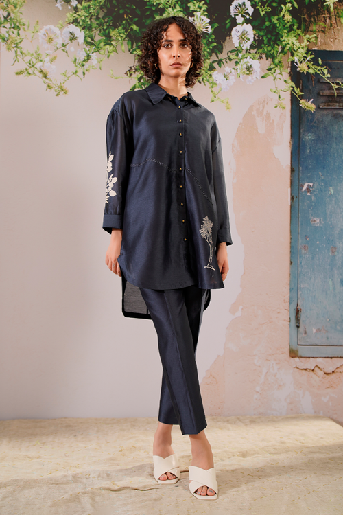 Indigo Discharge Print Oversized Shirt and Straight Pant