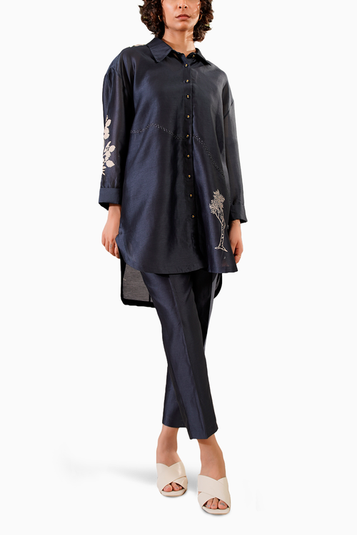 Indigo Discharge Print Oversized Shirt and Straight Pant