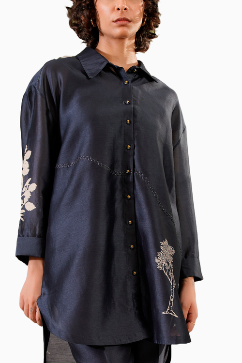 Indigo Discharge Print Oversized Shirt and Straight Pant