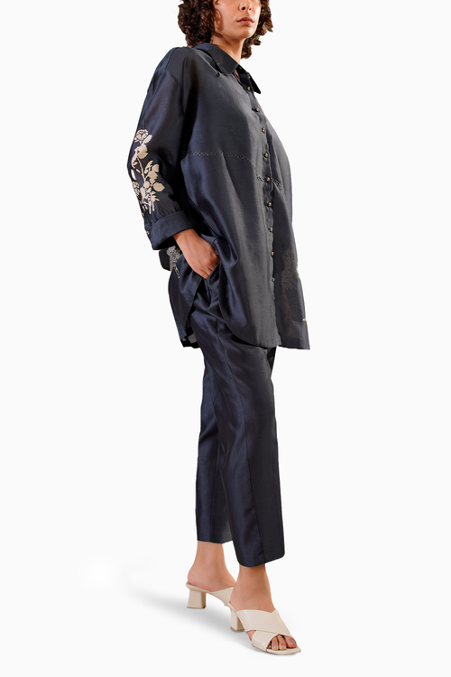 Indigo Discharge Print Oversized Shirt and Straight Pant