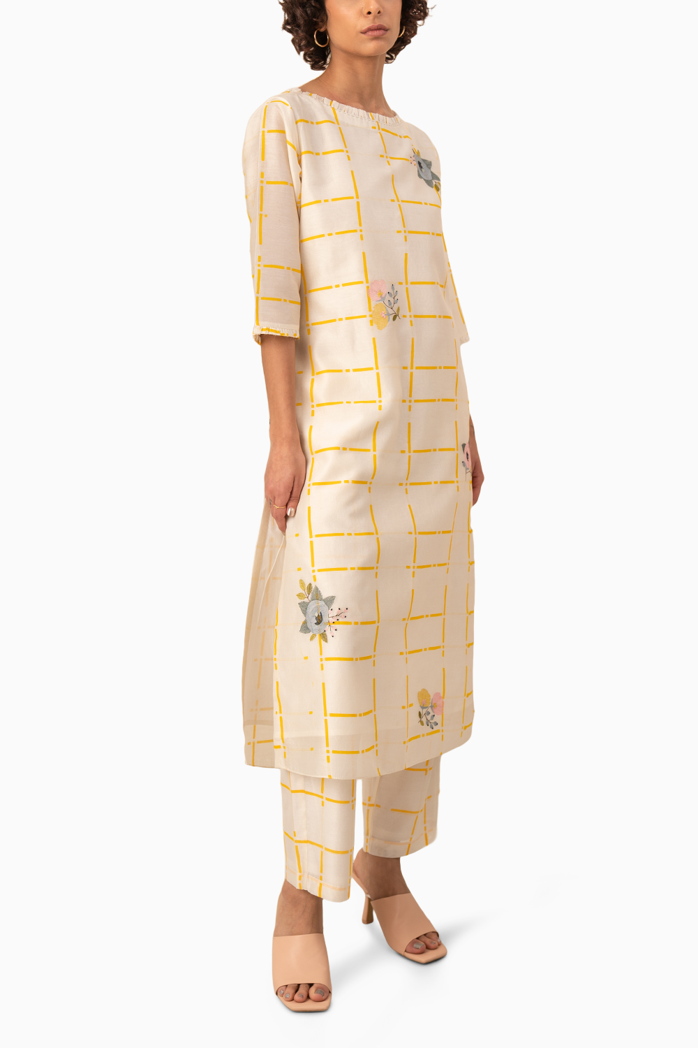 Ivory And Yellow Checks Tunic And Pant