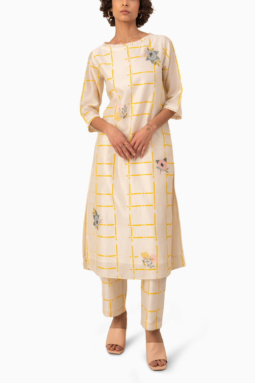 Ivory And Yellow Checks Tunic And Pant