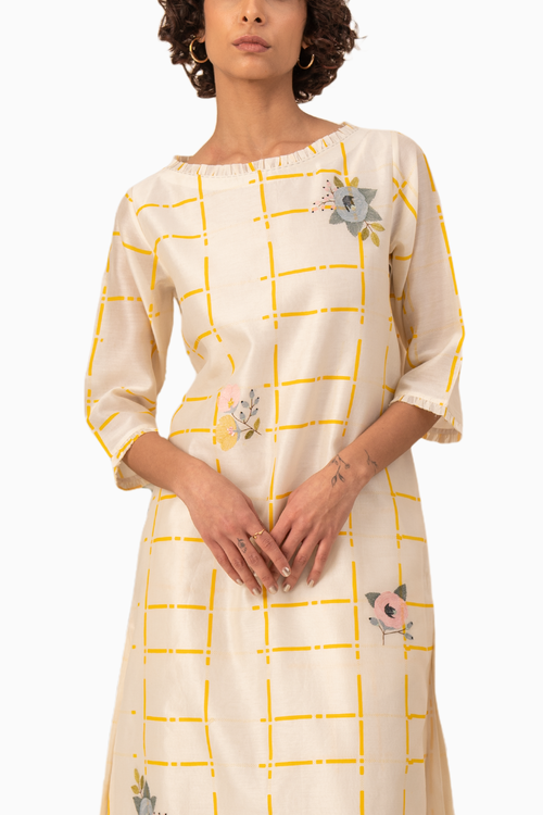 Ivory And Yellow Checks Tunic And Pant