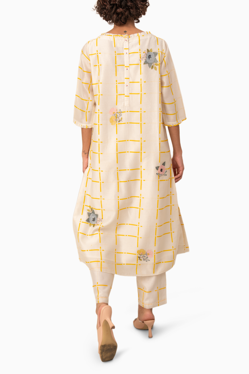 Ivory And Yellow Checks Tunic And Pant