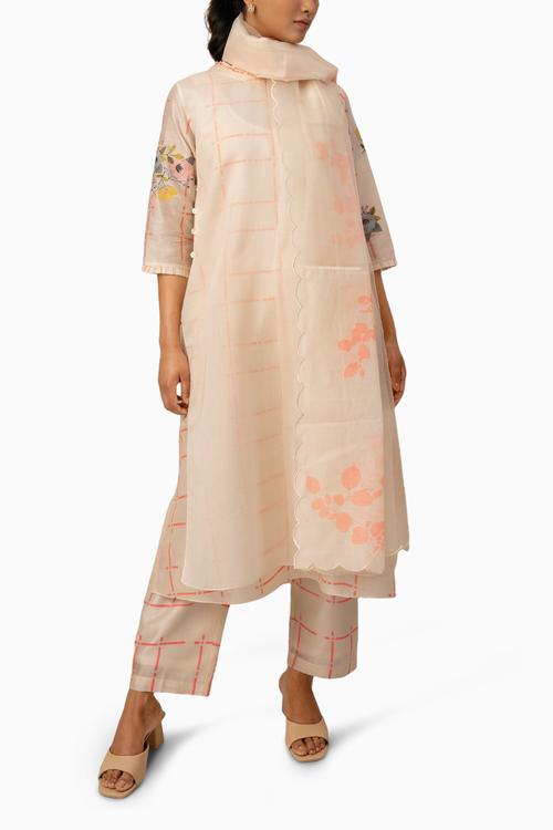 Ivory And Pink Checks Tunic And Pant With Dupatta